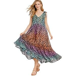 Juliet Dunn Animal Print Ombre Maxi Dress Tie Shoulders Gold Trim One Size